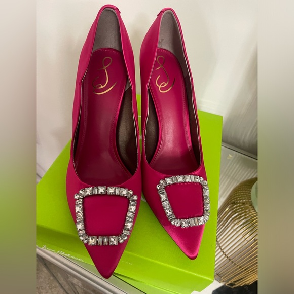 Sam Edelman Harriett Scalloped Embellished Pumps Women's 10 Fuschia Satin - Picture 3 of 5